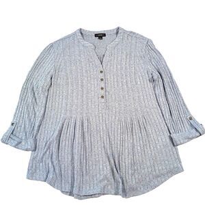 Cocomo Blue and Silver V Neck Swing Sweater Ribbed Button Up Roll Tab Sleeve L